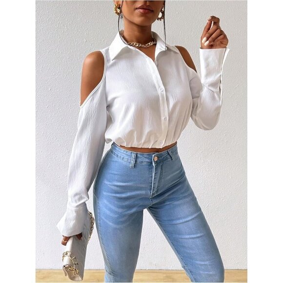 Women's Cold Shoulder Long Sleeve Button Down Collared Cropped Blouses - Picture 4 of 6